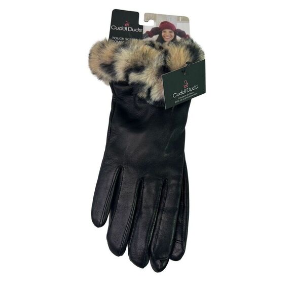 Cuddl Duds Women's Black Faux-Fur Cuff Leather Gloves (22731) Sizes Large NWT - Picture 1 of 6